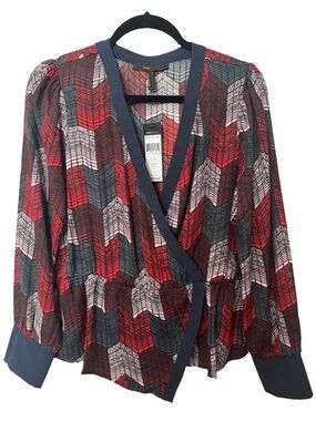 BCBG Chevron Wrap Blouse in Red, Black & Gray